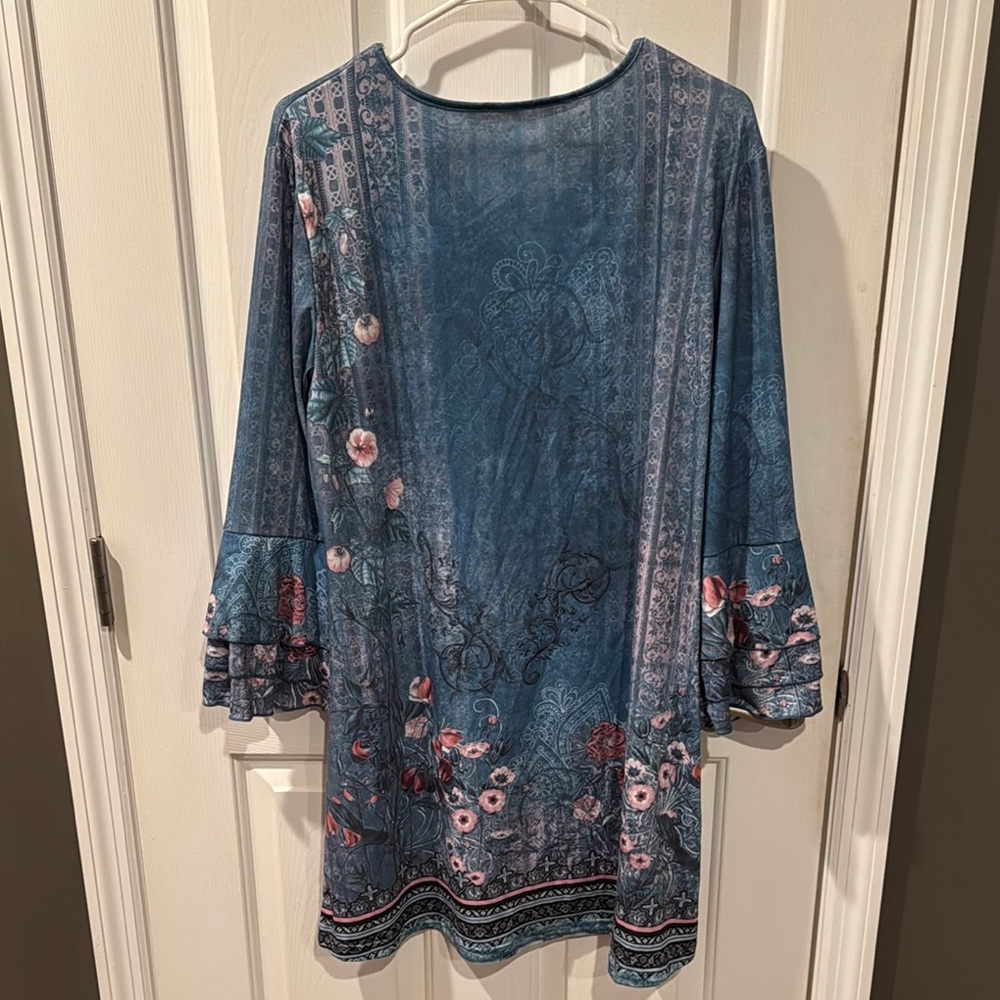 Blue and Pink Bell Sleeve Dress with Ruffled Details - Picture 3 of 3